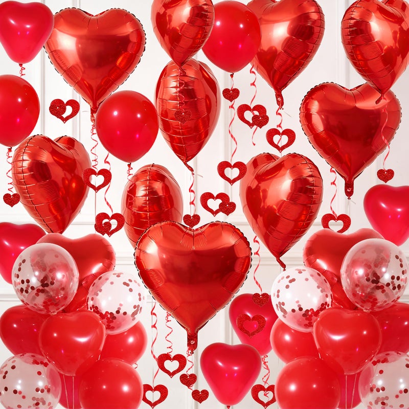 Douvelue Red Heart Balloons Set 30Pcs Heart Shaped Balloons and 50Pcs Red Hanging Streamer for Valentines Decorations Proposal Wedding Party - Image 2