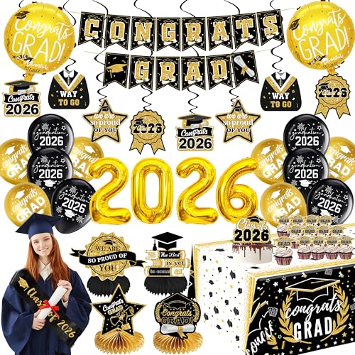 jenlion Black and Gold Graduation Decorations 2026 Class of 2026 Decorations Includes 32 Inch Gold 2026 Balloons Congrats Grad Banner Tablecloth Sash Centerpieces College High School Party Supplies - Image 1