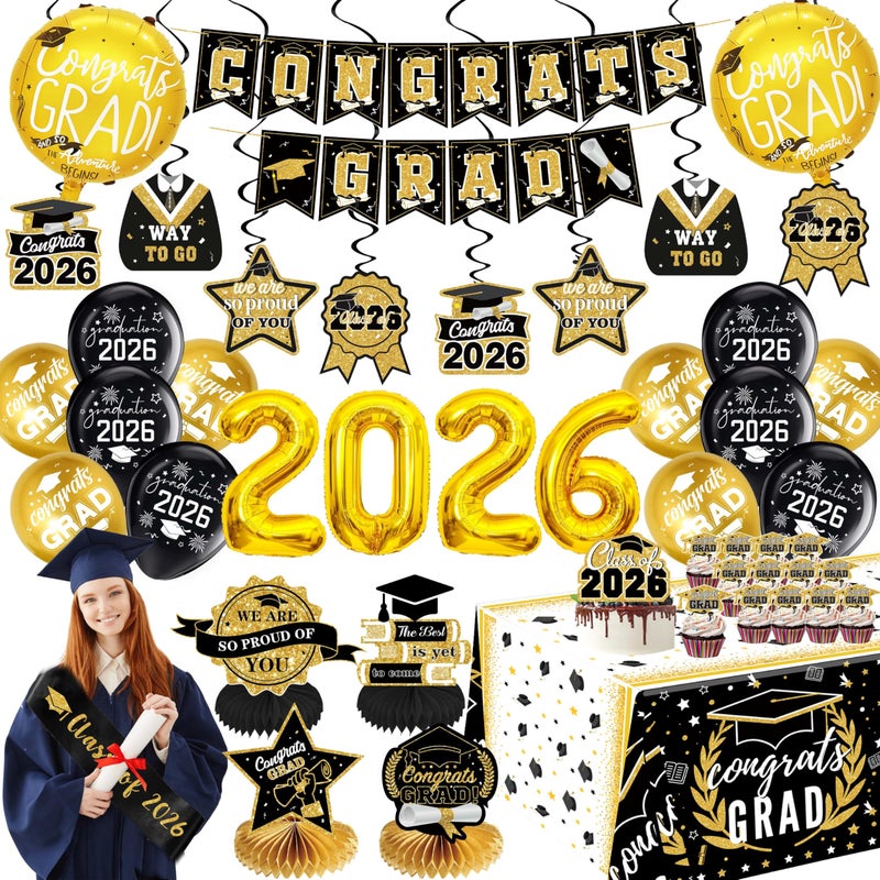 jenlion Black and Gold Graduation Decorations 2026 Class of 2026 Decorations Includes 32 Inch Gold 2026 Balloons Congrats Grad Banner Tablecloth Sash Centerpieces College High School Party Supplies - Image 3