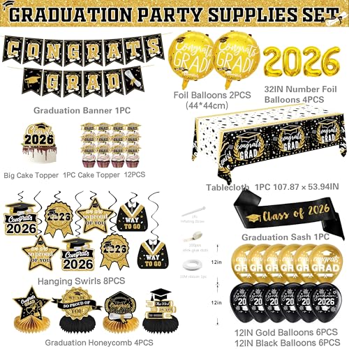 jenlion Black and Gold Graduation Decorations 2026 Class of 2026 Decorations Includes 32 Inch Gold 2026 Balloons Congrats Grad Banner Tablecloth Sash Centerpieces College High School Party Supplies - Image 5