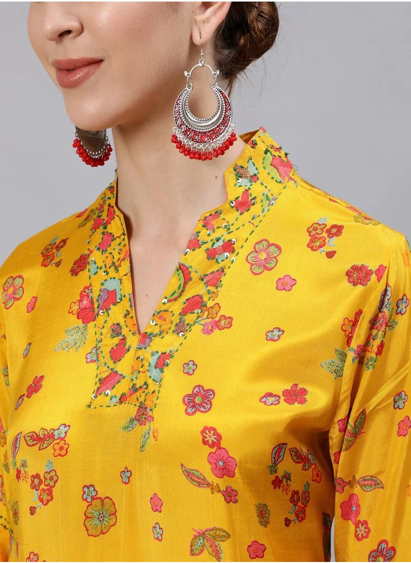 آي شين Regular Fit Three-Quarter Sleeve Floral Printed Mustard Cotton Woven Dresses For Women Flat Collar Perfect For Wedding And Engagement Pull On Closure