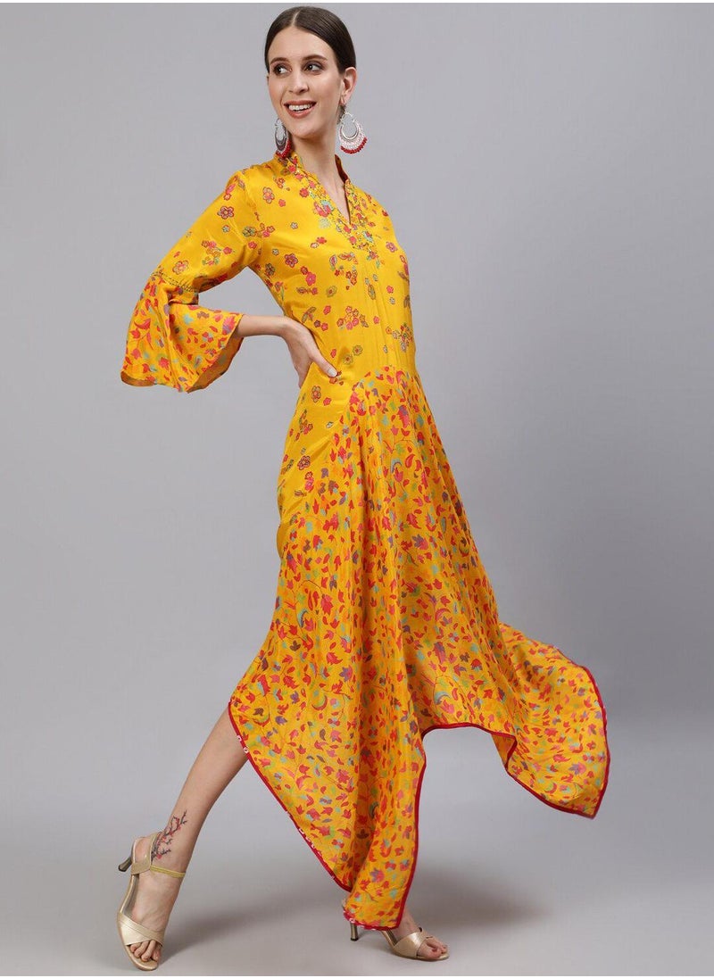 ISHIN Women's Mustard 100% Cotton Printed Midi High Low Regular Fit Dress  - Image 3