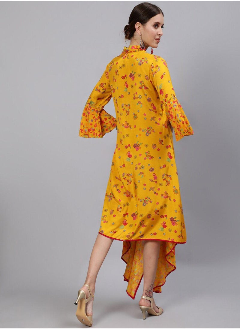 ISHIN Women's Mustard 100% Cotton Printed Midi High Low Regular Fit Dress  - Image 5