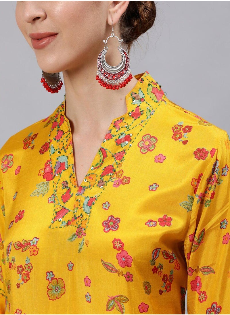 ISHIN Women's Mustard 100% Cotton Printed Midi High Low Regular Fit Dress  - Image 2