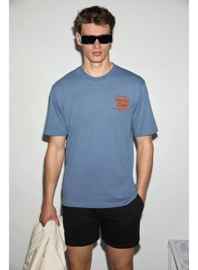 GRIMELANGE JUMILLA Men's 100% Cotton Soft Fabric Printed Round Neck Indigo T-Shirt.