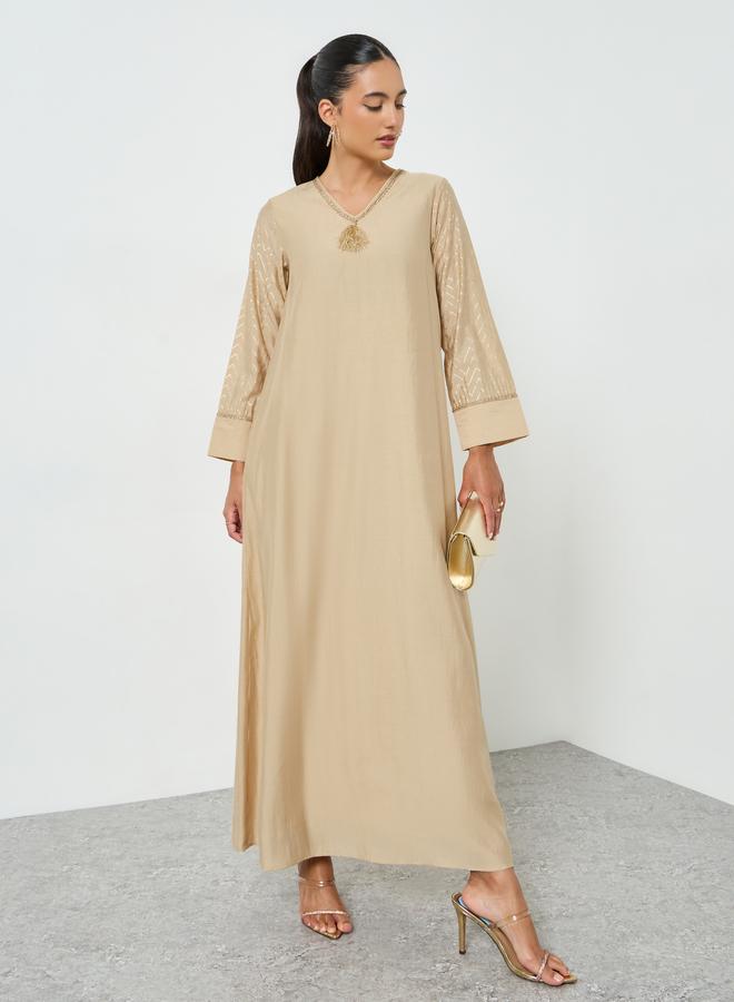 Amirah Beige Foil Print V-Neck Jalabiya - Image 1