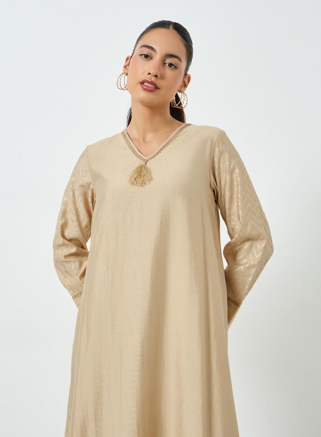 Amirah Beige Foil Print V-Neck Jalabiya - Image 2