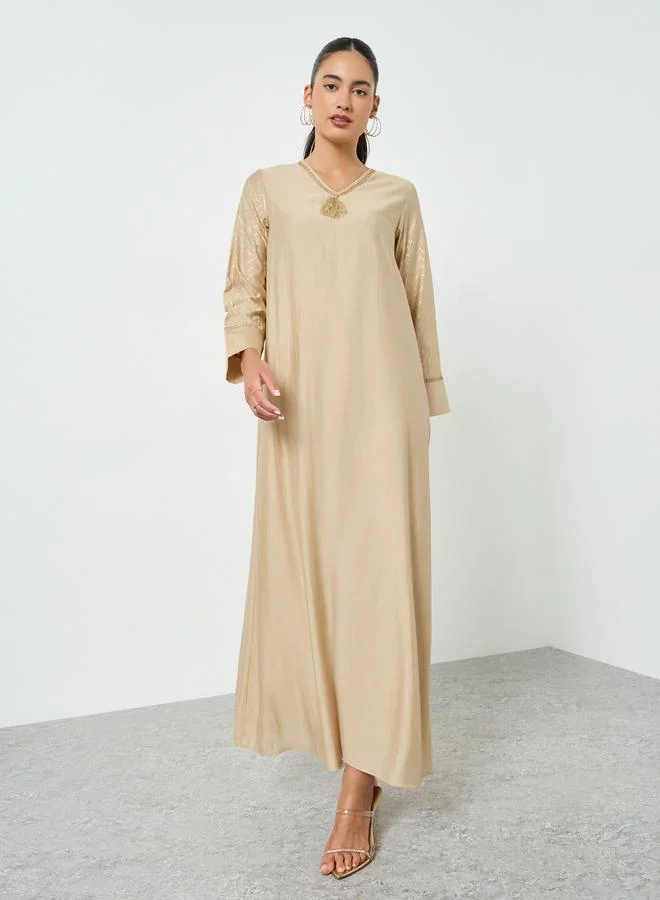 Amirah  Beige Foil Print V-Neck Jalabiya for Women | Best Price UAE