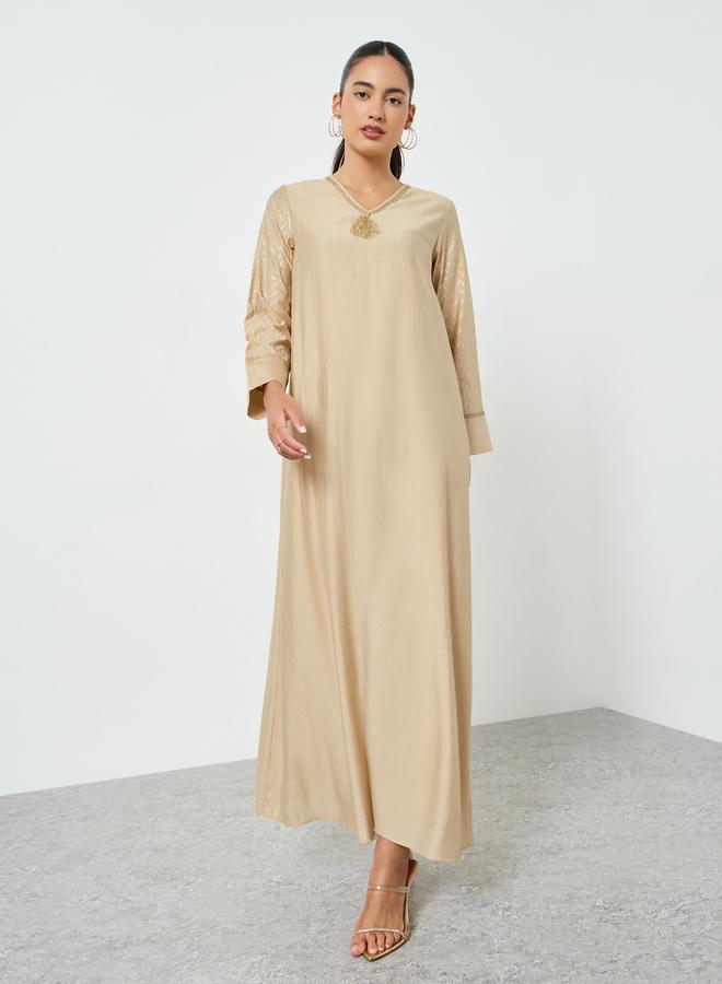 Amirah Beige Foil Print V-Neck Jalabiya - Image 3