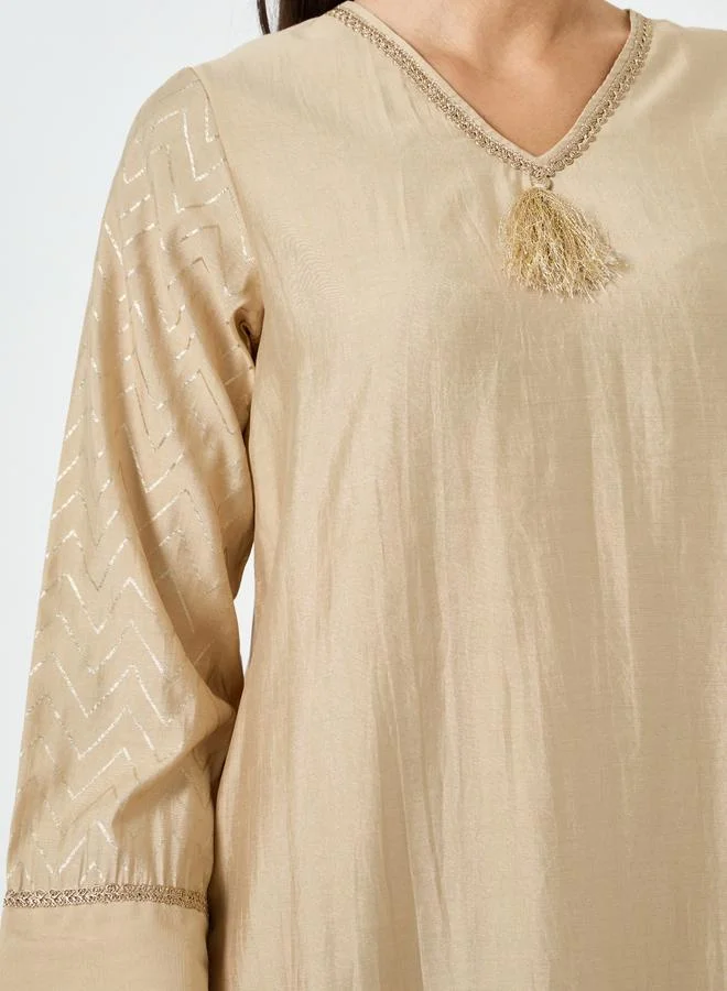 Amirah  Beige Foil Print V-Neck Jalabiya for Women | Best Price UAE