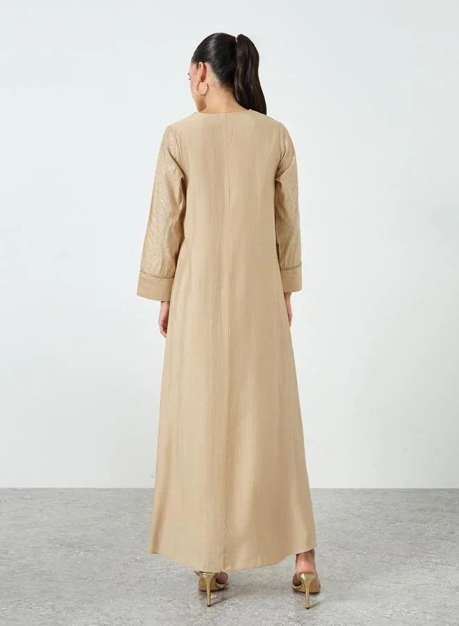 Amirah  Beige Foil Print V-Neck Jalabiya for Women | Best Price UAE