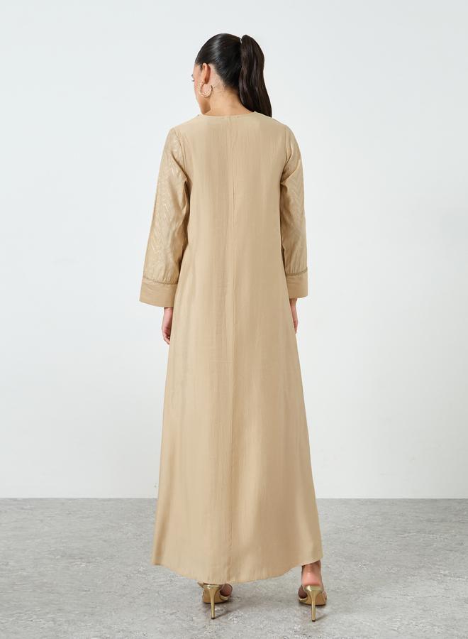 Amirah Beige Foil Print V-Neck Jalabiya - Image 5