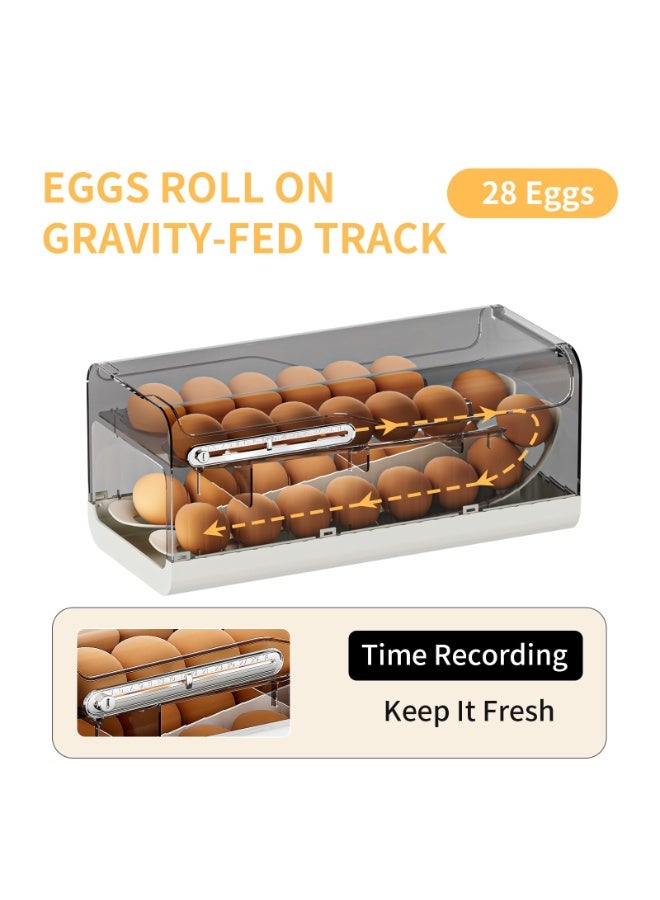 فلاي رود حامل بيض، موزع بيض للثلاجة، حاوية بيض دوارة أوتوماتيكية بنابض مع وظيفة المقياس الزمني، غطاء قلاب قابل للتكديس، 28 بيضة، للمطابخ والخزائن والثلاجات وطاولات الطعام - Image 3