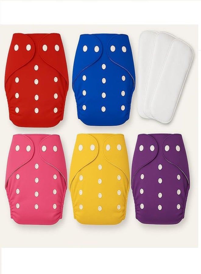 Kritiu Reusable Cloth Baby Diapers with Insert Pads | Soft & Washable Fabric | Adjustable Snap Buttons | Leak Resistant | Newborn to Toddler | 5 Diapers + 3 Insert Pads - Image 1