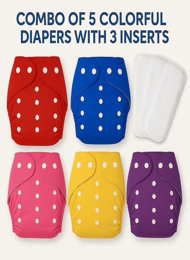 Kritiu Reusable Cloth Baby Diapers with Insert Pads | Soft & Washable Fabric | Adjustable Snap Buttons | Leak Resistant | Newborn to Toddler | 5 Diapers + 3 Insert Pads - Image 2