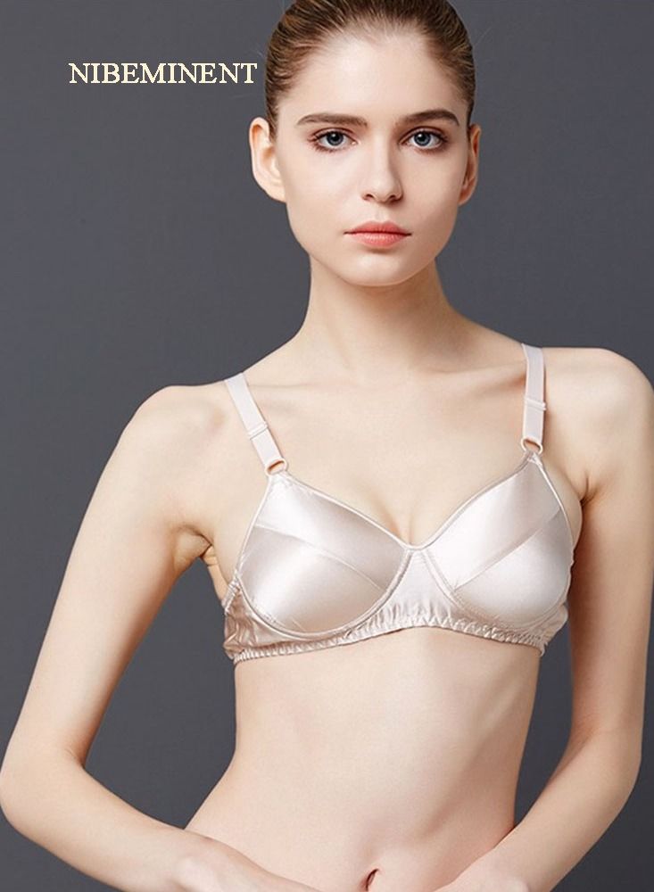 NIBEMINENT Solid Color Ultra Thin Lace Bra with No Steel Ring Mulberry Silk Full Cup Women's Underwear Beige  - Image 1