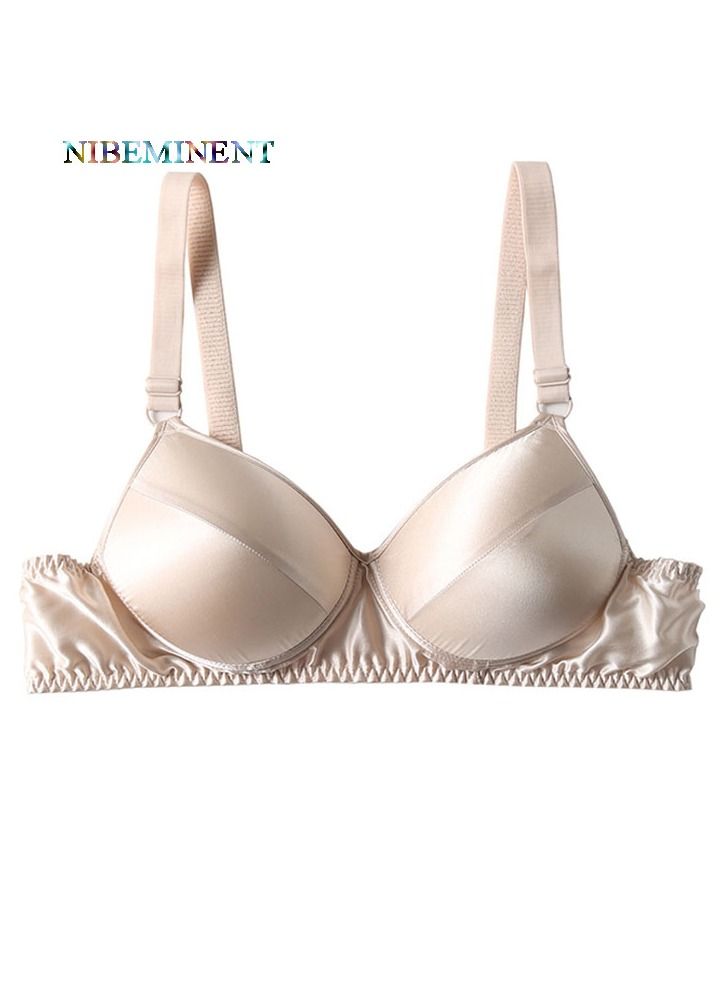 NIBEMINENT Solid Color Ultra Thin Lace Bra with No Steel Ring Mulberry Silk Full Cup Women's Underwear Beige  - Image 2