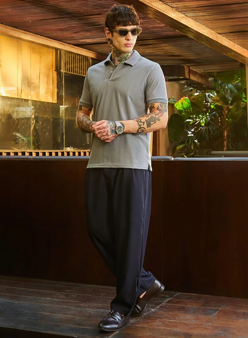 كامبوس سوترا Men's Coin Grey Ribbed -Tactile Polo T-Shirt
