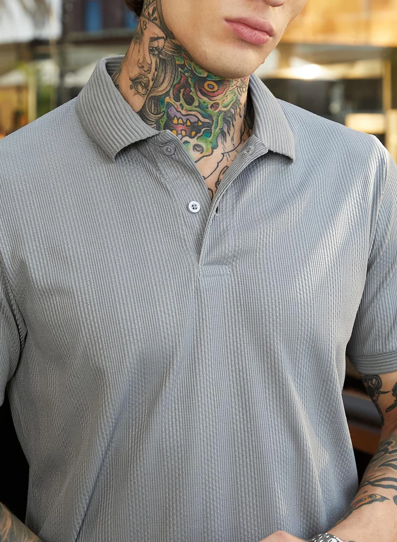 كامبوس سوترا Men's Coin Grey Ribbed -Tactile Polo T-Shirt