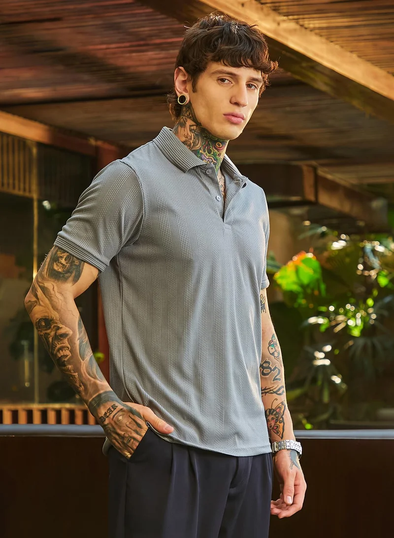 كامبوس سوترا Men's Coin Grey Ribbed -Tactile Polo T-Shirt
