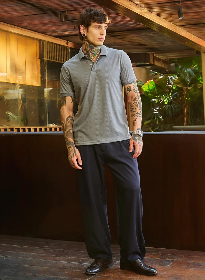 كامبوس سوترا Men's Coin Grey Ribbed -Tactile Polo T-Shirt