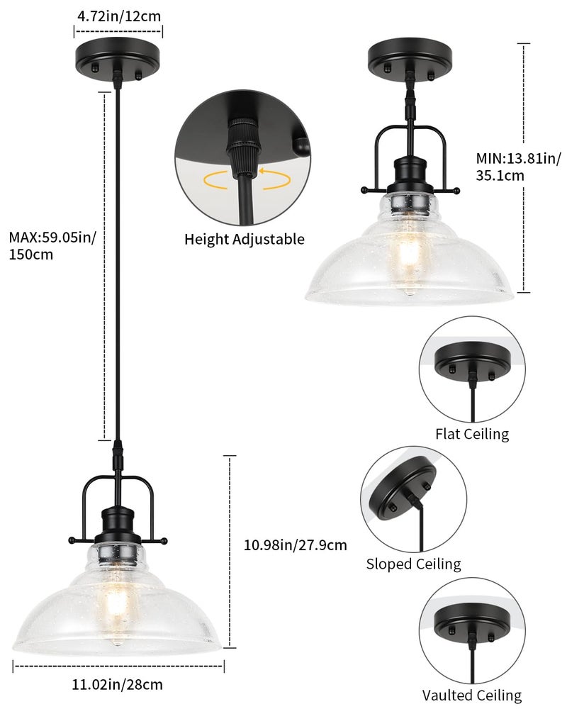 WILON Seeded Glass Pendant Lights Kitchen Island Lighting, Black Modern Farmhouse Pendant Light Fixture with E26 Base, Vintage Hanging Ceiling Lamp for Kitchen Sink Hallway Dining Room Entry Hall - Image 3