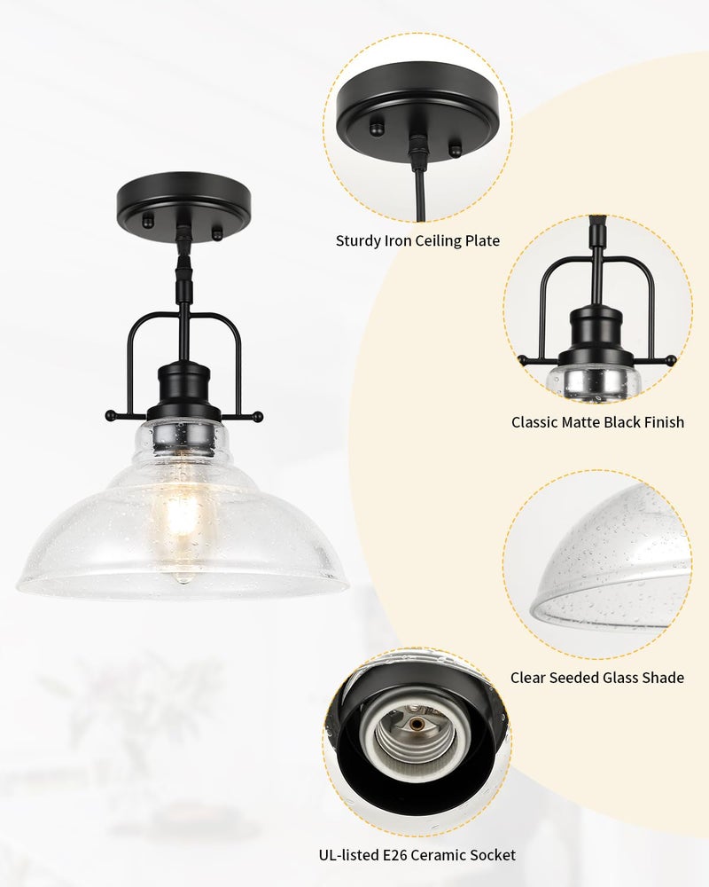 WILON Seeded Glass Pendant Lights Kitchen Island Lighting, Black Modern Farmhouse Pendant Light Fixture with E26 Base, Vintage Hanging Ceiling Lamp for Kitchen Sink Hallway Dining Room Entry Hall - Image 5