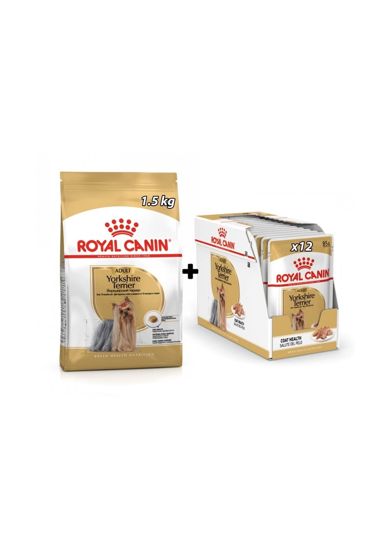 ROYAL CANIN Royal Canin - Yorkshire Terrier Adult Dog Dry Food 2kg & Wet Dog Food Pouch Box of 12x85g Bundle Pack - Image 1