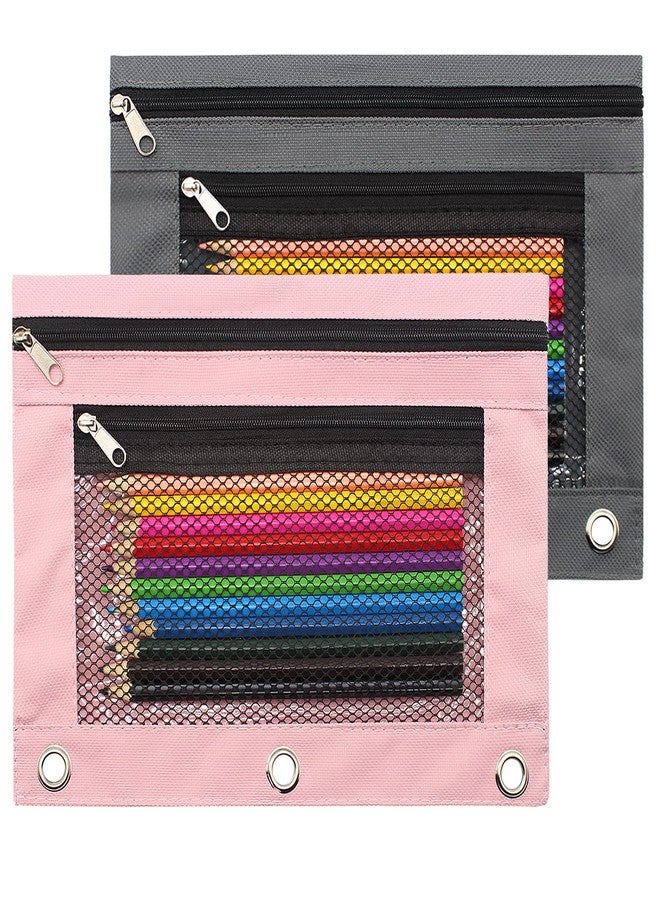 Cinvo Pencil Pouch 3 Ring Binder Pouch Zippered Pencil Case Canvas Pencil Bag with 2 Compartments (Set of 2, Pink and Grey) - Image 1