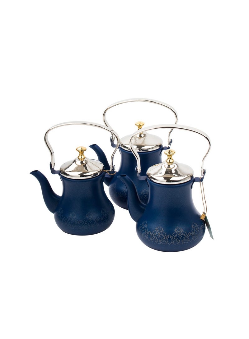 Hic 3 Piece Moroccan Steel Tea Pot Set Blue Color Laser Engraved - Image 1