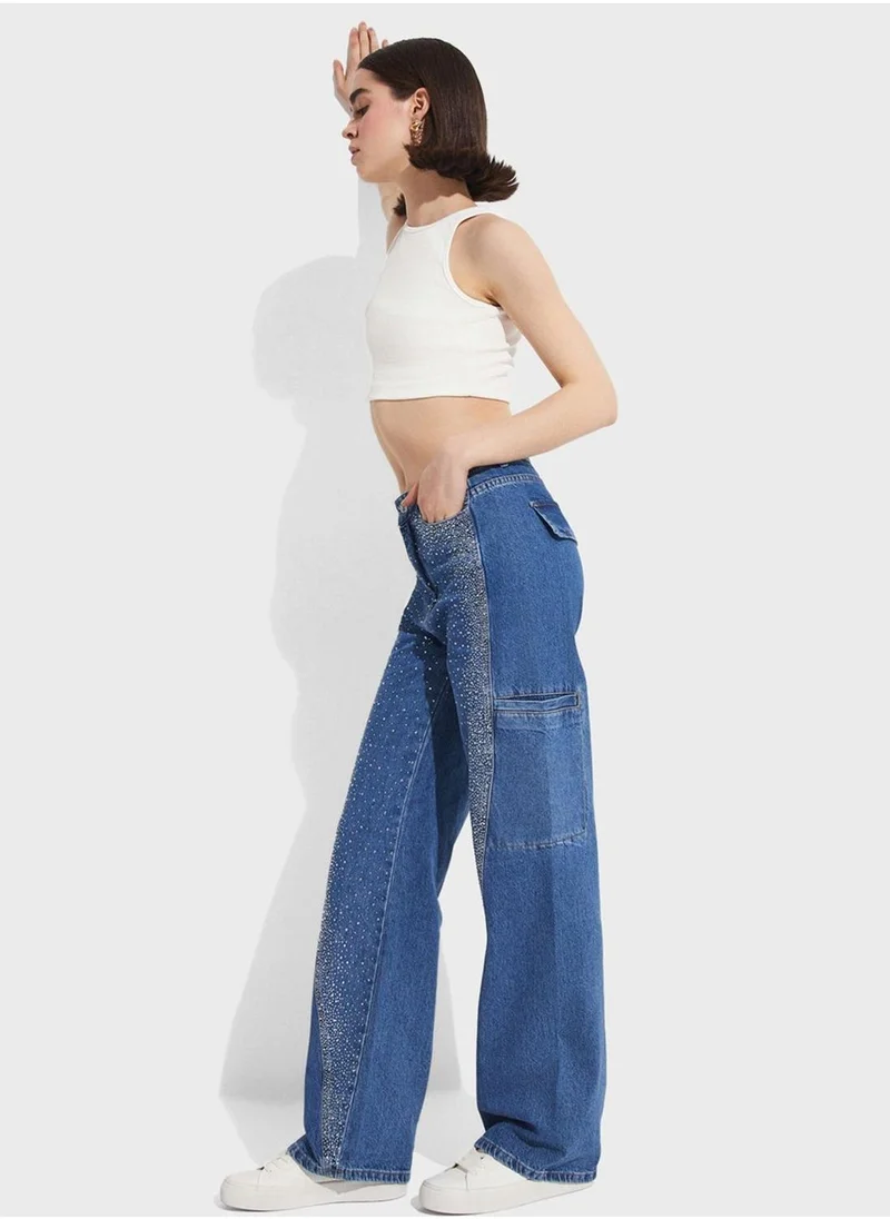 JUNE Embellished High Waist Jeans
