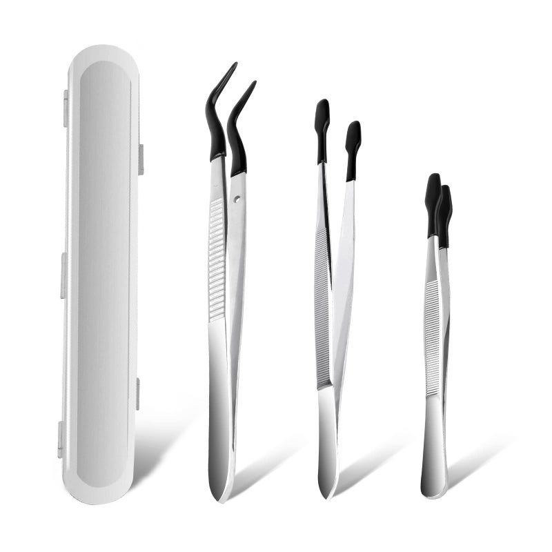 AngleKai 3PCS Tip Tweezers Silicone Rubber Flat Tipped Tweezers Bent Tip for Jewelry Coin Stamp Black
