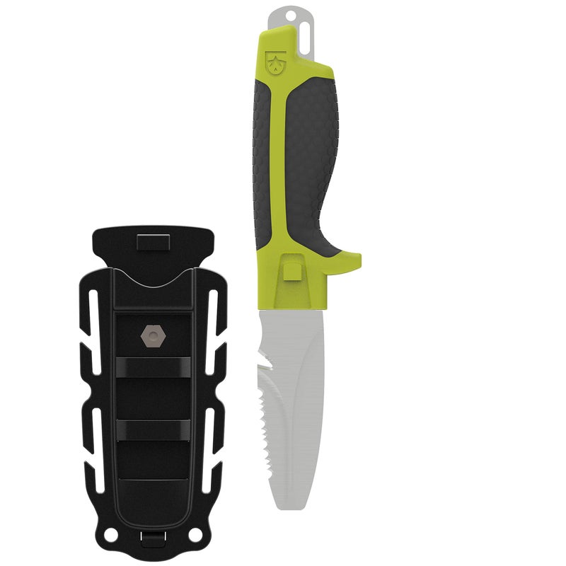 GEAR AID Tanu Dive and Rescue Knife with Quick Release Sheath, 304 Stainless-Steel 3â€ Blunt Tip Blade, High-Vis Green - Image 1