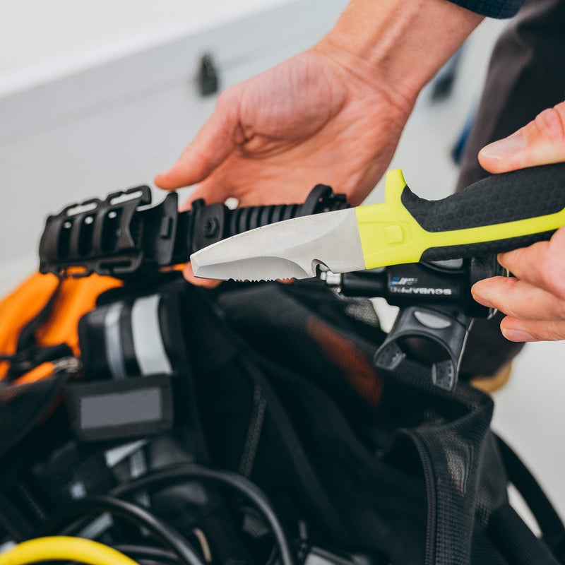 GEAR AID Tanu Dive and Rescue Knife with Quick Release Sheath, 304 Stainless-Steel 3â€ Blunt Tip Blade, High-Vis Green - Image 4