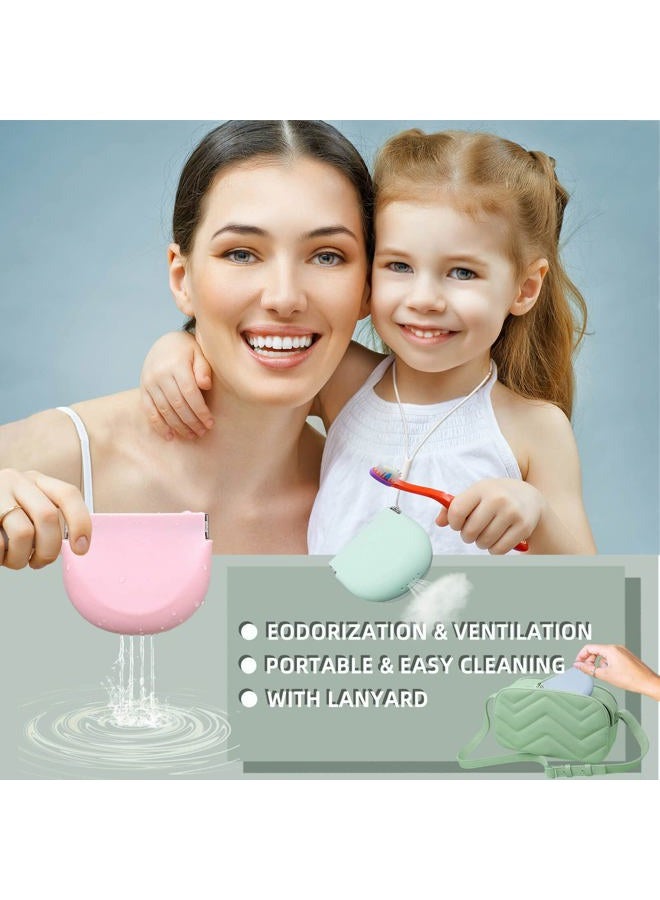 onbuwws Silicone Retainer Case with Lanyard Slim Cute Retainer Holder Dental Thin Container Braces Case for Girl Women Kids Men Travel Partial Denture Night Mouth Guard Aligner Case(Light Green) - Image 2