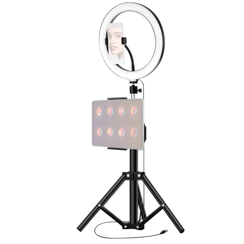 26cm/10inch inch LED Ring Light 3 Colors 10 Levels Dimmable 3200-5600K Color Temperature with Tripods Phone and Tablet Holders for Live Sream Makeup Portrait YouTube Video Lighting - Image 1