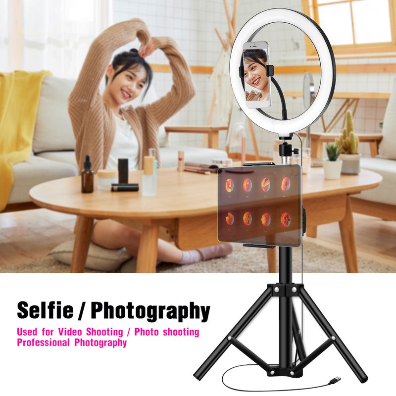 26cm/10inch inch LED Ring Light 3 Colors 10 Levels Dimmable 3200-5600K Color Temperature with Tripods Phone and Tablet Holders for Live Sream Makeup Portrait YouTube Video Lighting - Image 5