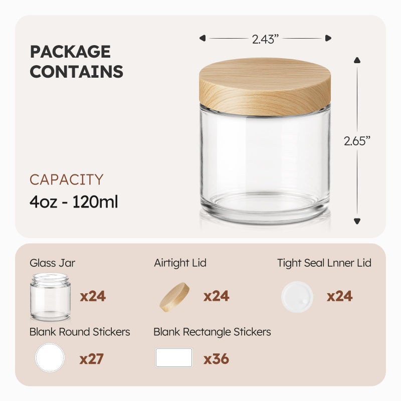 Tecohouse 4 oz Glass Jars with Lids, 24 Pack Clear Small Glass Jars with Woodgrain Lids Leakproof Round Airtight Empty Cosmetic Travel Containers with Inner Liners For Lotions Powders and Candle Making - Image 3