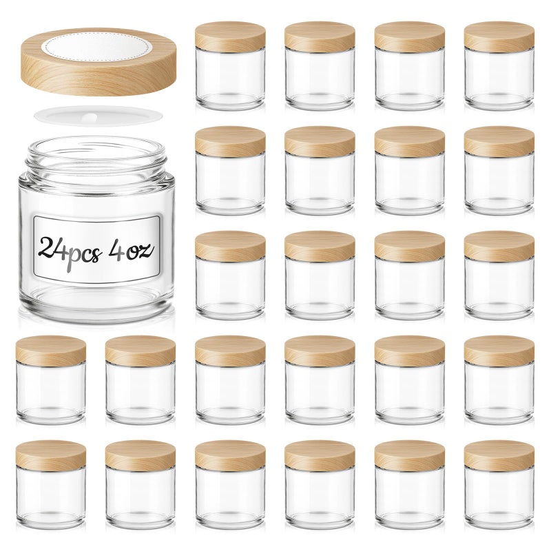 Tecohouse 4 oz Glass Jars with Lids, 24 Pack Clear Small Glass Jars with Woodgrain Lids Leakproof Round Airtight Empty Cosmetic Travel Containers with Inner Liners For Lotions Powders and Candle Making - Image 1
