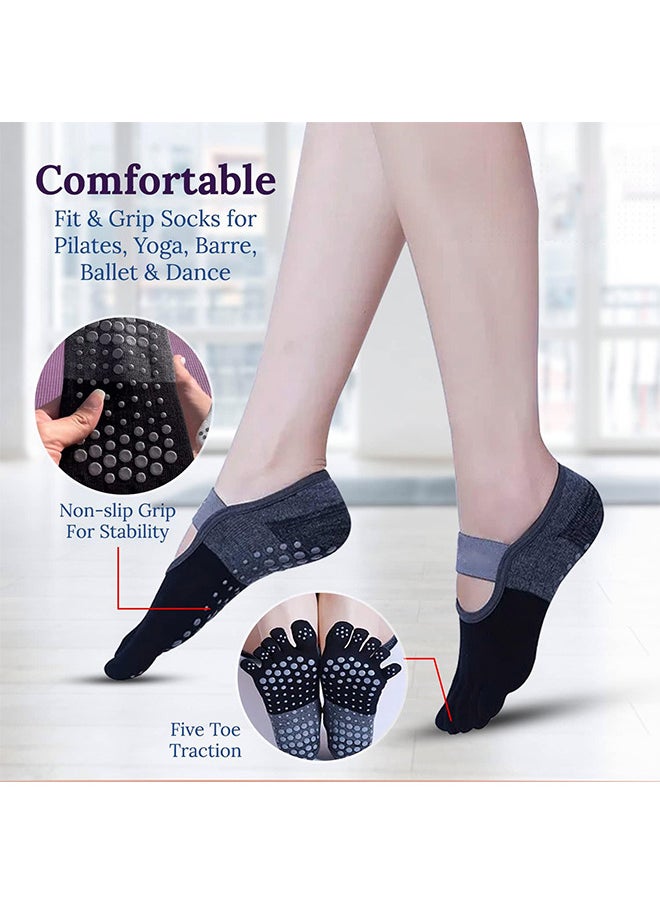YOGA Socks With Grips For Women, 2 Pairs Non Slip Cotton And Stretchy Toe Socks In Black And Gray, For Pilates, Barre, Ballet, Fitness  - Image 3