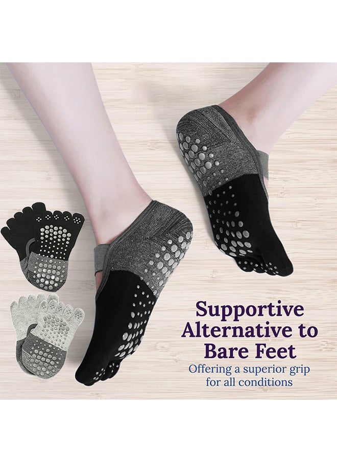 YOGA Socks With Grips For Women, 2 Pairs Non Slip Cotton And Stretchy Toe Socks In Black And Gray, For Pilates, Barre, Ballet, Fitness  - Image 4