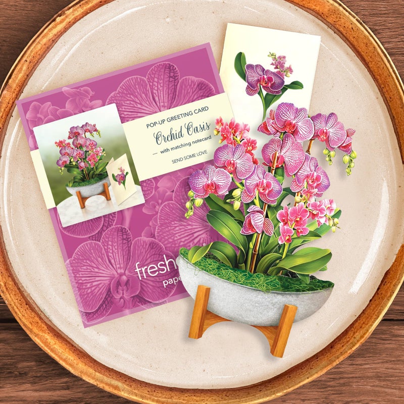 Freshcut Paper Pop Up Cards, Mini Orchid Oasis, 6 Inch Mini Sized Forever Flower Bouquet 3D Popup Greeting Cards, Birthday Card, Get Well Gifts, Blank Notecard & Envelope - Image 2