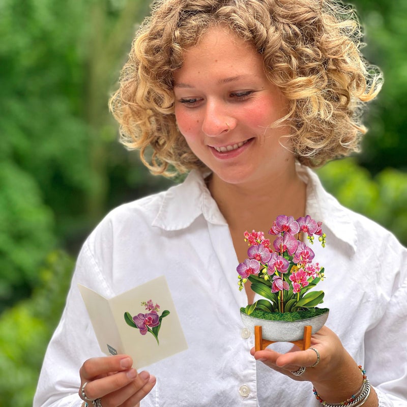 Freshcut Paper Pop Up Cards, Mini Orchid Oasis, 6 Inch Mini Sized Forever Flower Bouquet 3D Popup Greeting Cards, Birthday Card, Get Well Gifts, Blank Notecard & Envelope - Image 4