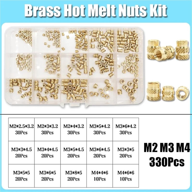 Versatile 3sets Brass Heat Insert Nut Assortment Set Hot Melt Knurled Threaded Embedment Copper 3D Print(M2 M3 M4 (330pcs)) - Image 2