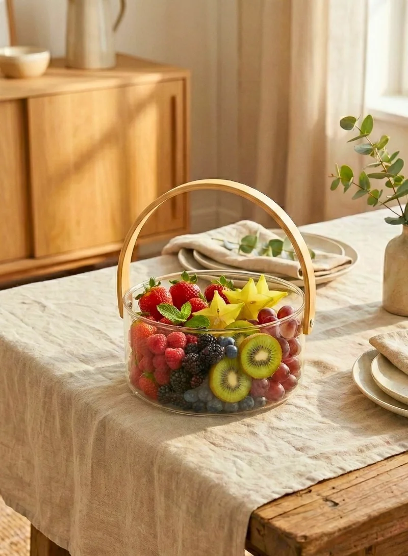 1Chase  Borosilicate Glass Fruit Bowl with Wooden Handle, 2500ml – Multipurpose Serving & Storage Bowl for Fruits, Snacks and Table Décor  | Best Price UAE