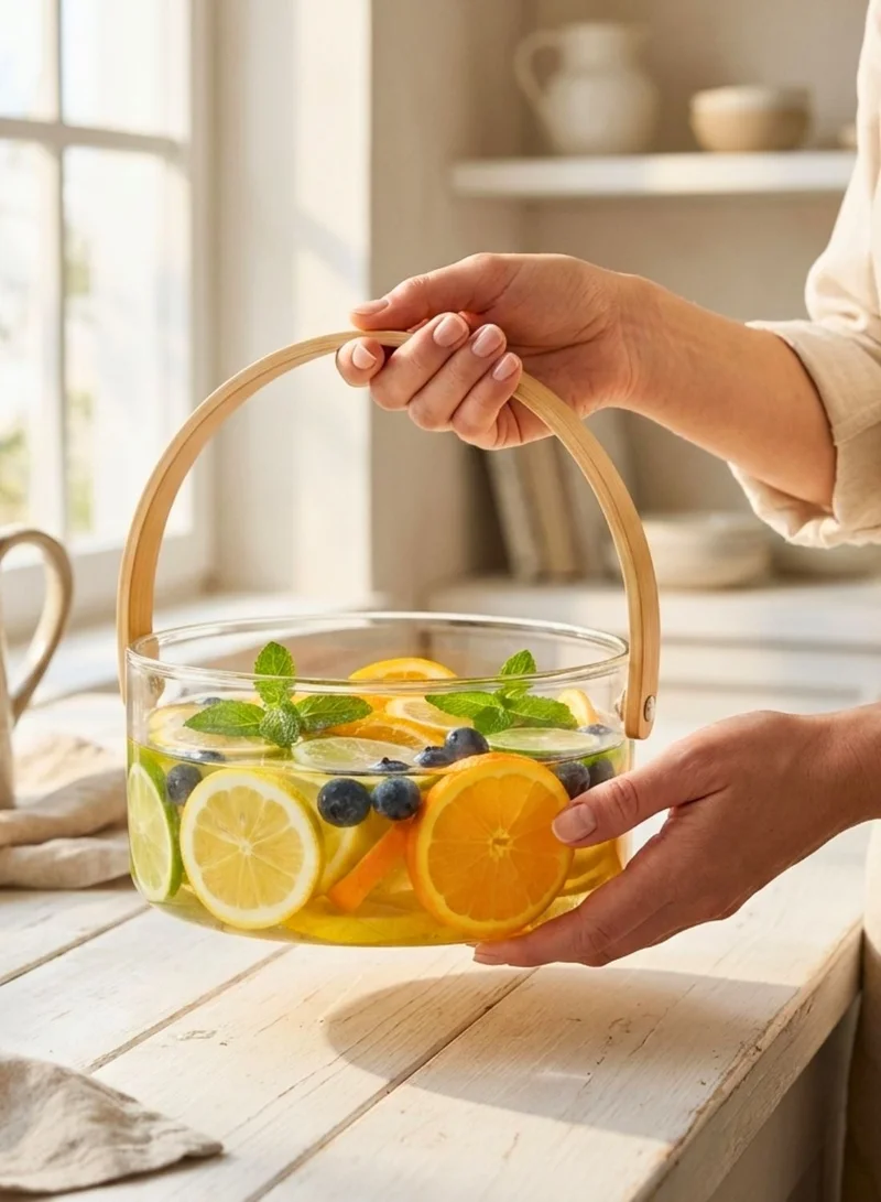 1Chase  Borosilicate Glass Fruit Bowl with Wooden Handle, 2500ml – Multipurpose Serving & Storage Bowl for Fruits, Snacks and Table Décor  | Best Price UAE