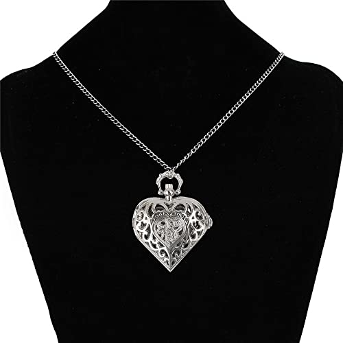 VIGOROSO Women's Pocket Watch, Analog Display, Quartz Movement, Silver Stainless Steel, Heart Pendant Necklace, Unisex Accessory, Valentines Day Gifts - Image 5