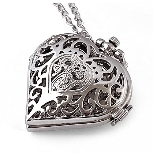 VIGOROSO Women's Pocket Watch, Analog Display, Quartz Movement, Silver Stainless Steel, Heart Pendant Necklace, Unisex Accessory, Valentines Day Gifts - Image 1