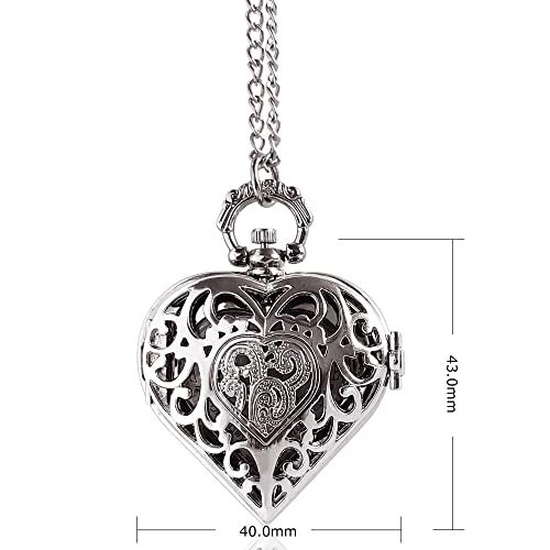 VIGOROSO Women's Pocket Watch, Analog Display, Quartz Movement, Silver Stainless Steel, Heart Pendant Necklace, Unisex Accessory, Valentines Day Gifts - Image 4