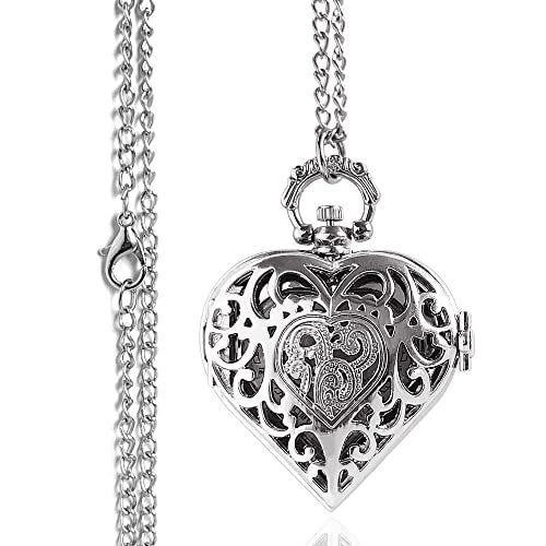 VIGOROSO Women's Pocket Watch, Analog Display, Quartz Movement, Silver Stainless Steel, Heart Pendant Necklace, Unisex Accessory, Valentines Day Gifts - Image 2